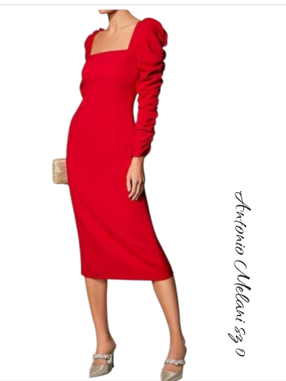 Antonio Melani Elena Red Crepe Square Neck Ruched Midi Dress NWT 0